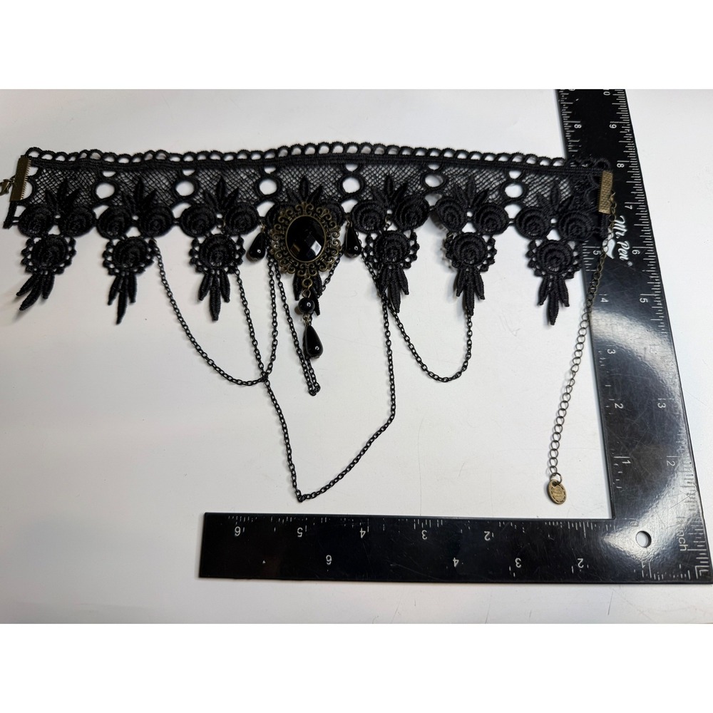 Black Floral Lace Choker Necklace Gothic Victorian Filigree Gemstone Chain Drop